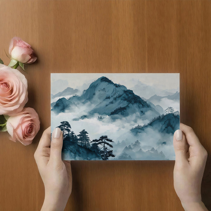 Blue-Green Misty Mountains Landscape Mural
