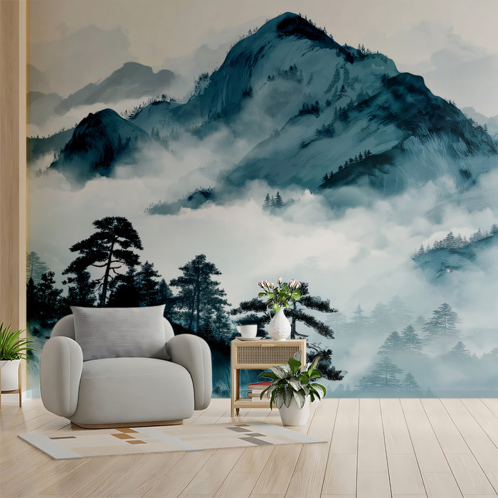 Blue-Green Misty Mountains Landscape Mural