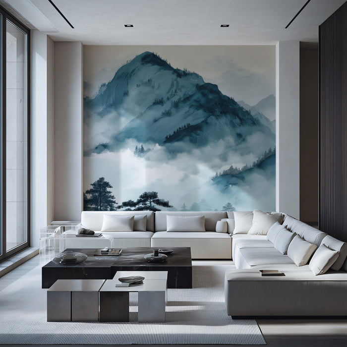 Blue-Green Misty Mountains Landscape Mural