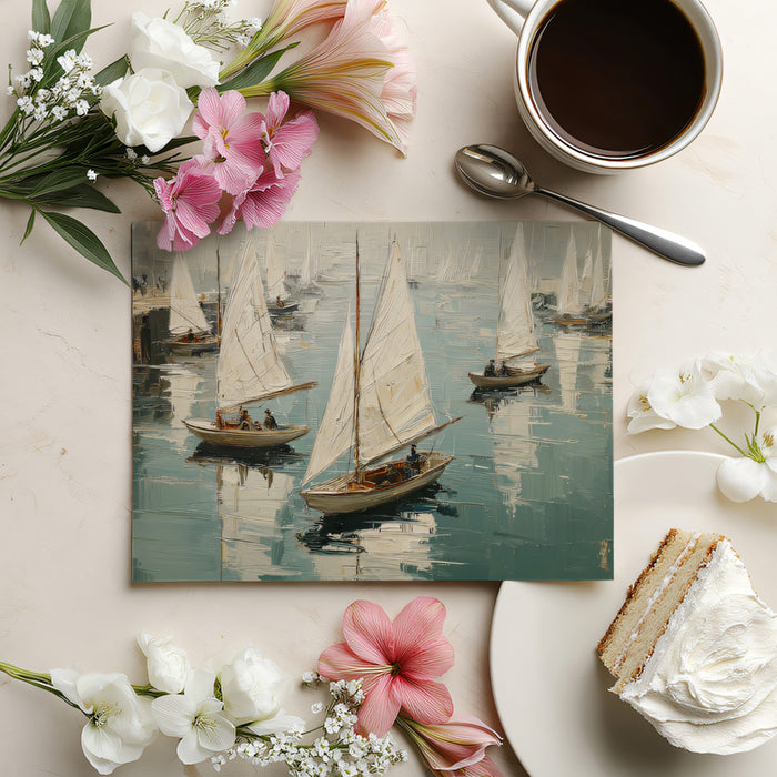 Impressionist White Sailboats in Harbor Oil Painting