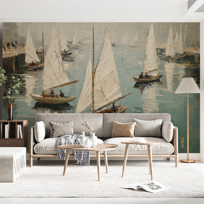 Impressionist White Sailboats in Harbor Oil Painting