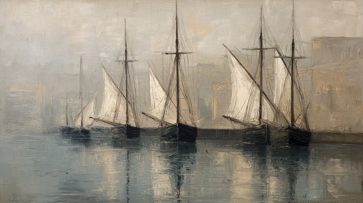 Vintage Sepia Fishing Boats Oil Painting Mural