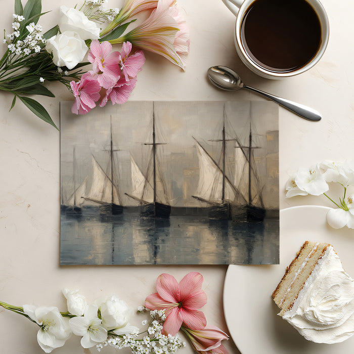 Vintage Sepia Fishing Boats Oil Painting Mural