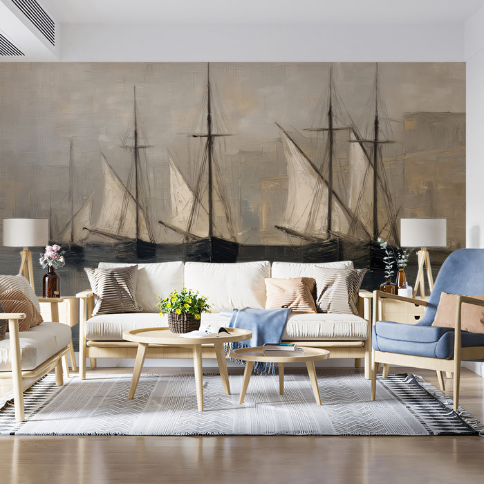 Vintage Sepia Fishing Boats Oil Painting Mural