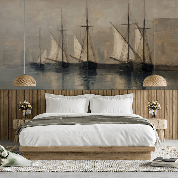 Vintage Sepia Fishing Boats Oil Painting Mural