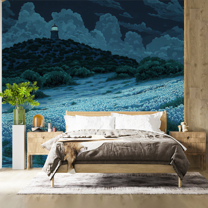 Midnight Blue Lighthouse & Flower Field Mural