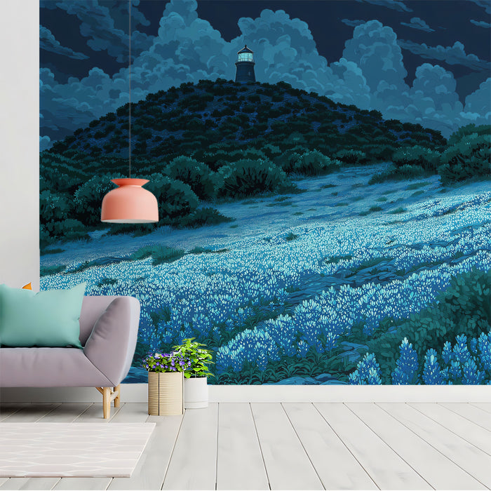 Midnight Blue Lighthouse & Flower Field Mural