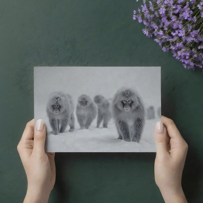 Fresque photographique minimaliste en noir et blanc représentant des singes des neiges