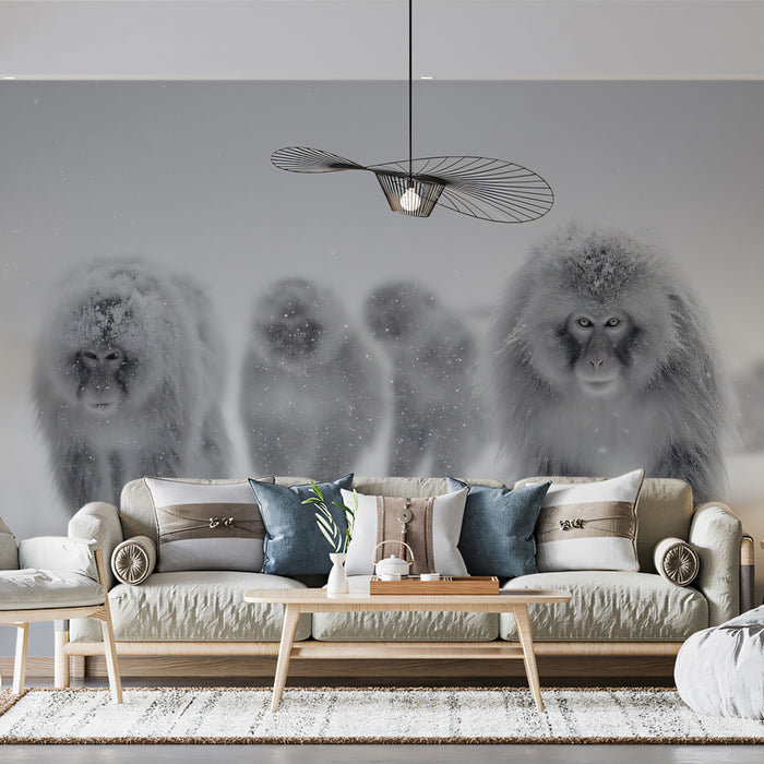 Fresque photographique minimaliste en noir et blanc représentant des singes des neiges