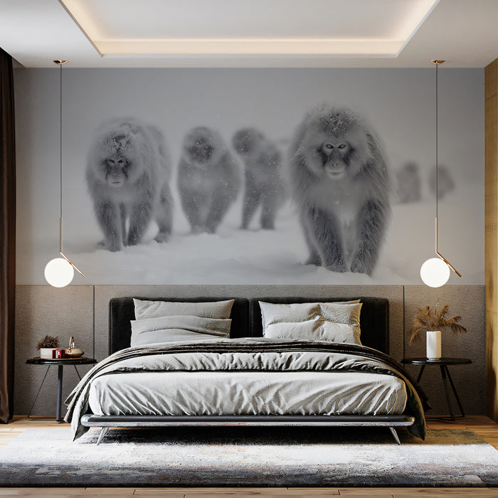 Fresque photographique minimaliste en noir et blanc représentant des singes des neiges