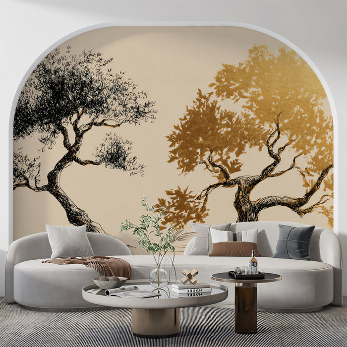 Dual Style Gold & Ink Tree Art Mural