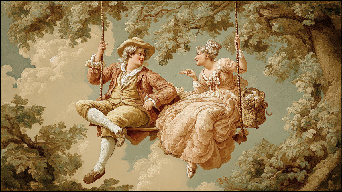 Rococo style oil painting mural of an 18th-century couple on a swing in terracotta, cream, and sage green