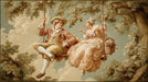 Rococo style oil painting mural of an 18th-century couple on a swing in terracotta, cream, and sage green