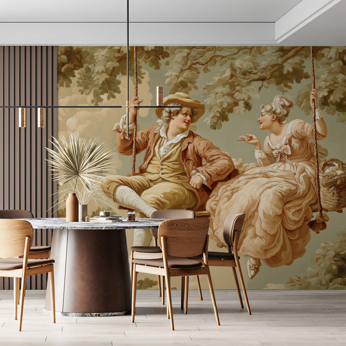 Close up of an elegant bedroom wall featuring a romantic 18th-century garden mural