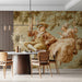 Close up of an elegant bedroom wall featuring a romantic 18th-century garden mural
