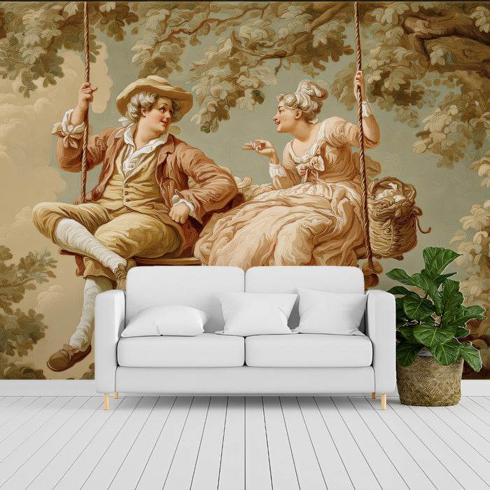 Sophisticated dining room wall decorated with a vintage inspired romantic scene mural