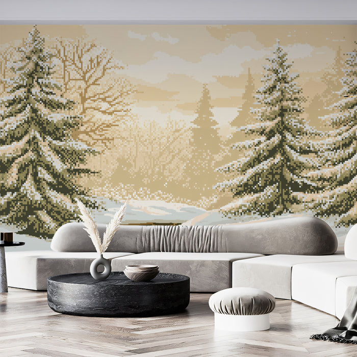 Retro Pixel Art Winter Forest Landscape Mural