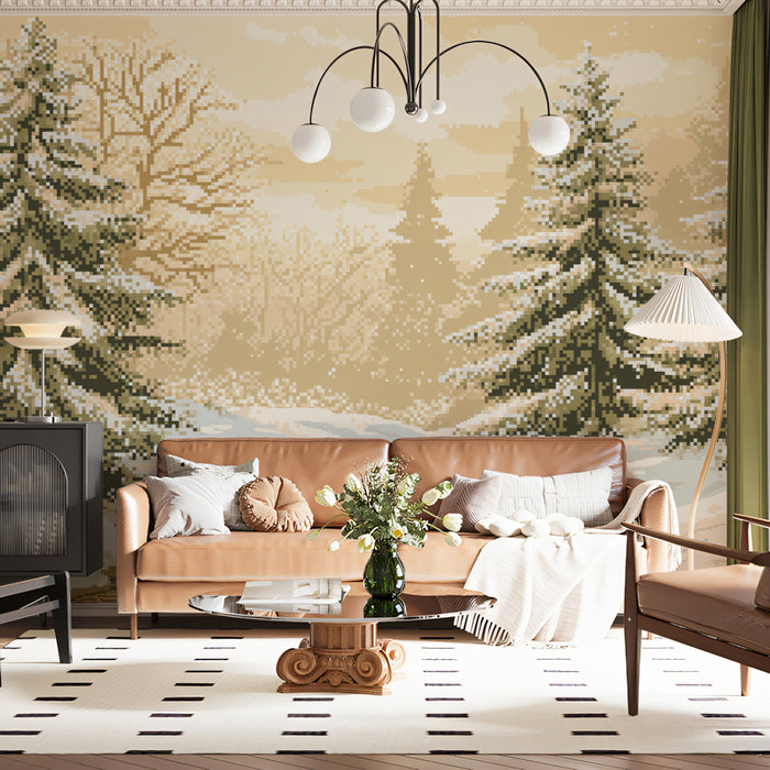 Retro Pixel Art Winter Forest Landscape Mural