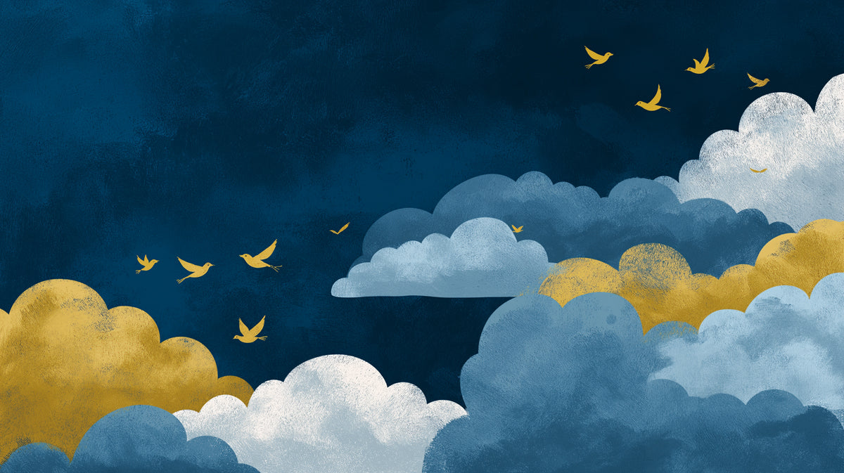 Celestial Blue & Gold Clouds with Birds Mural