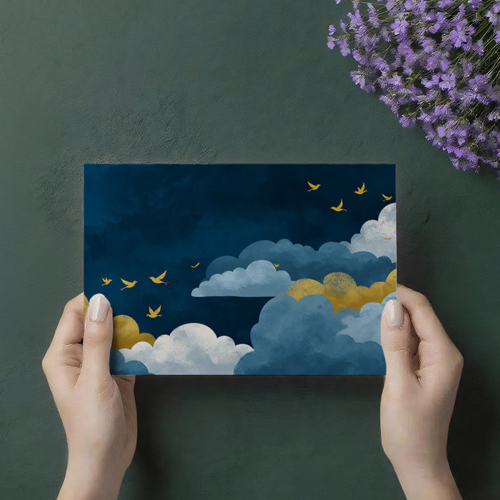 Celestial Blue & Gold Clouds with Birds Mural