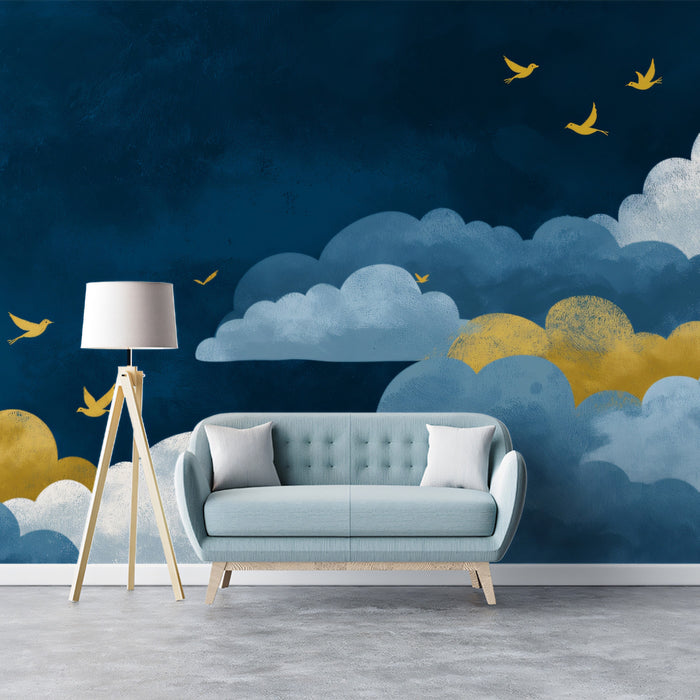 Celestial Blue & Gold Clouds with Birds Mural