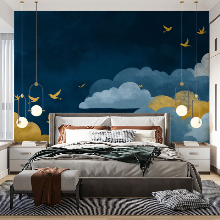Celestial Blue & Gold Clouds with Birds Mural