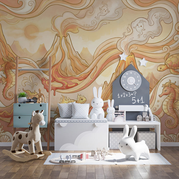 Surreal Volcanoes & Sea Creatures Fantasy Mural