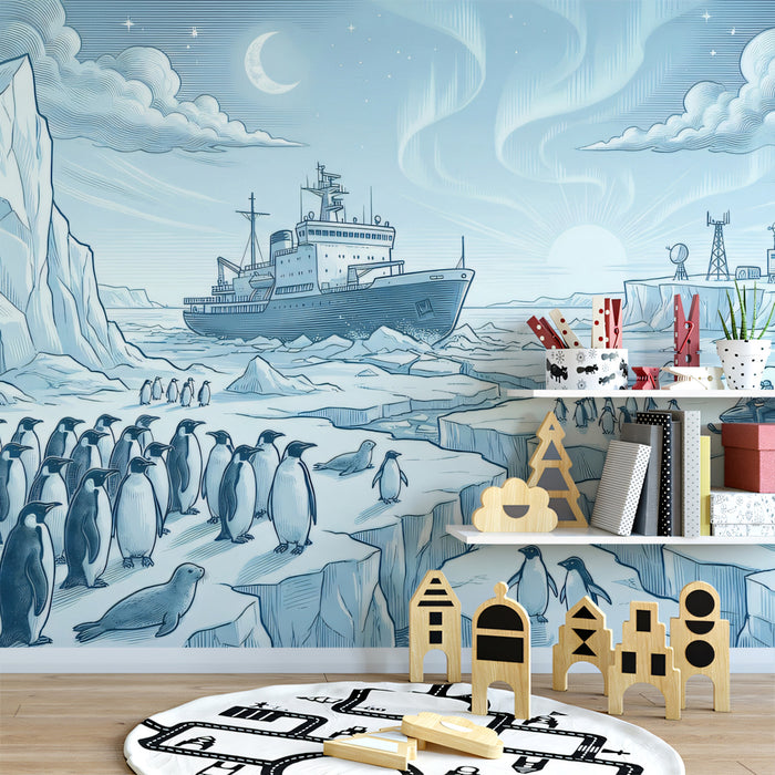 Blue Engraving Style Arctic Expedition Mural