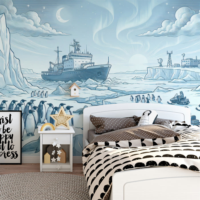 Blue Engraving Style Arctic Expedition Mural