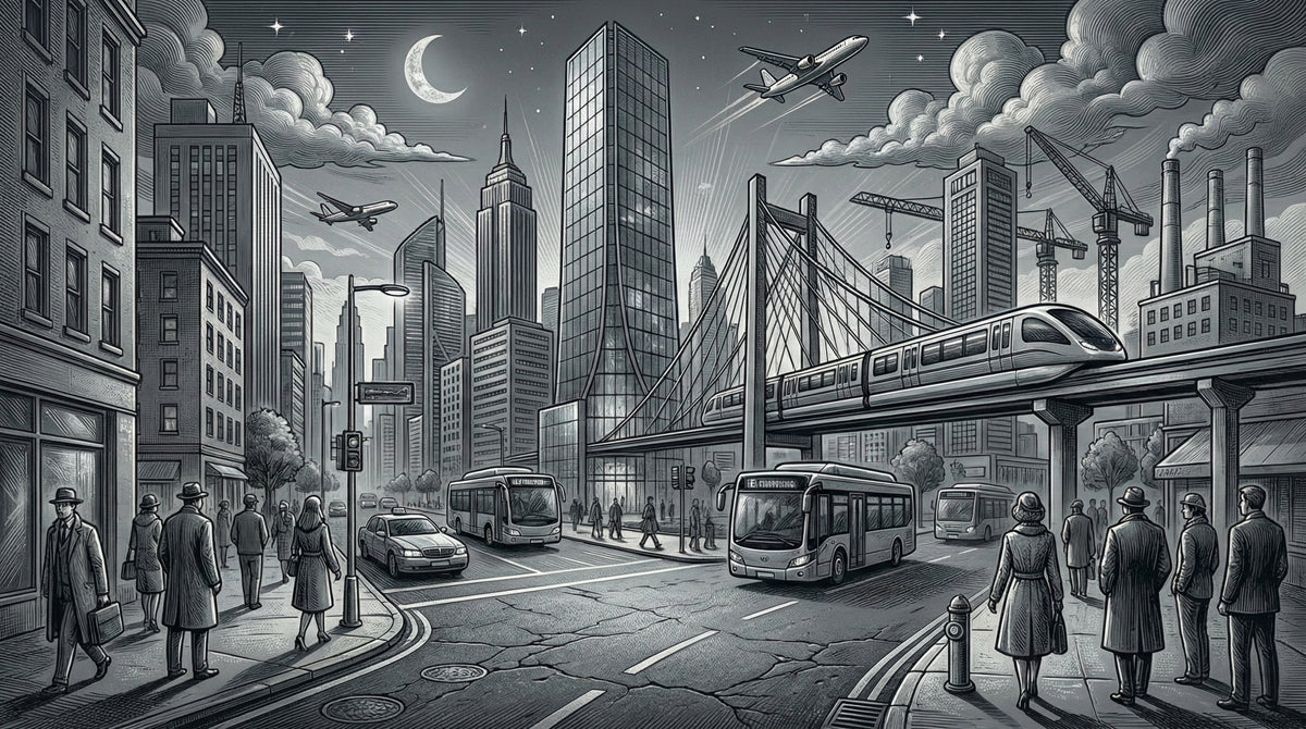 Modern Metropolis City Life Greyscale Illustration Mural