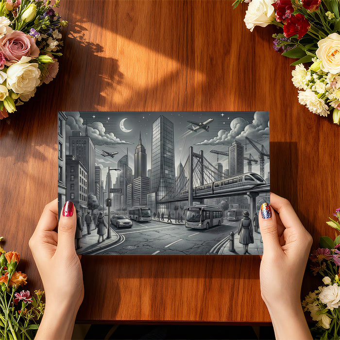 Modern Metropolis City Life Greyscale Illustration Mural