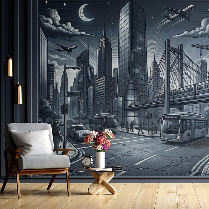 Modern Metropolis City Life Greyscale Illustration Mural