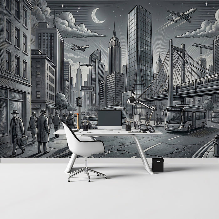 Modern Metropolis City Life Greyscale Illustration Mural