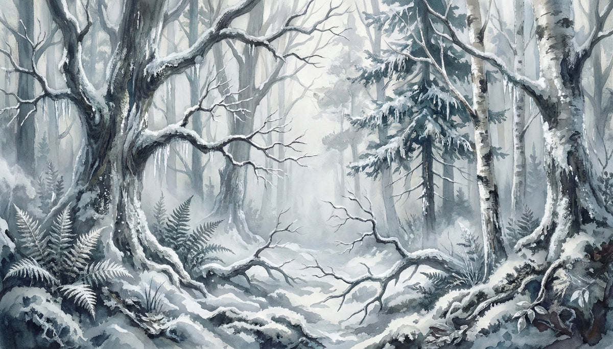 Snowy Winter Birch Forest Watercolor Mural