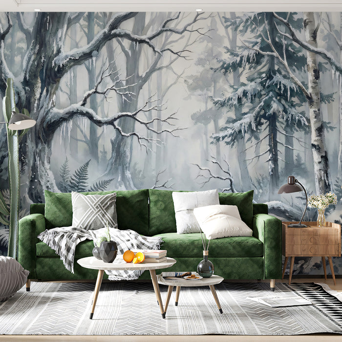 Snowy Winter Birch Forest Watercolor Mural