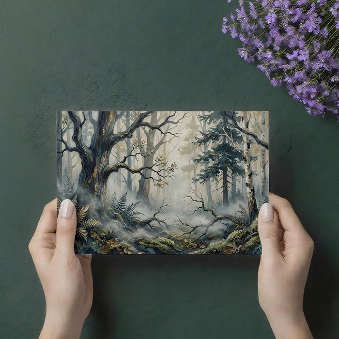 Library or reading nook featuring an atmospheric forest wall mural and warm vintage lighting