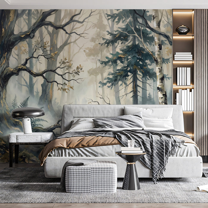 Home office with dark forest wallpaper and wood desk accents for a cozy, grounded workspace