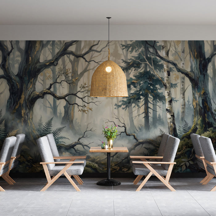 Moody master bedroom featuring a misty woodland wall mural behind a neutral upholstered bed frame