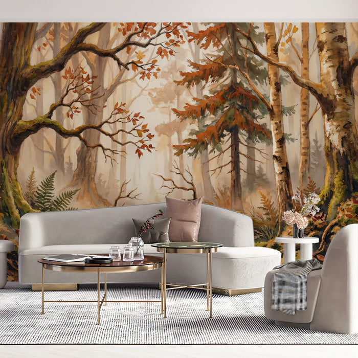 Golden Autumn Forest Landscape Watercolor Mural