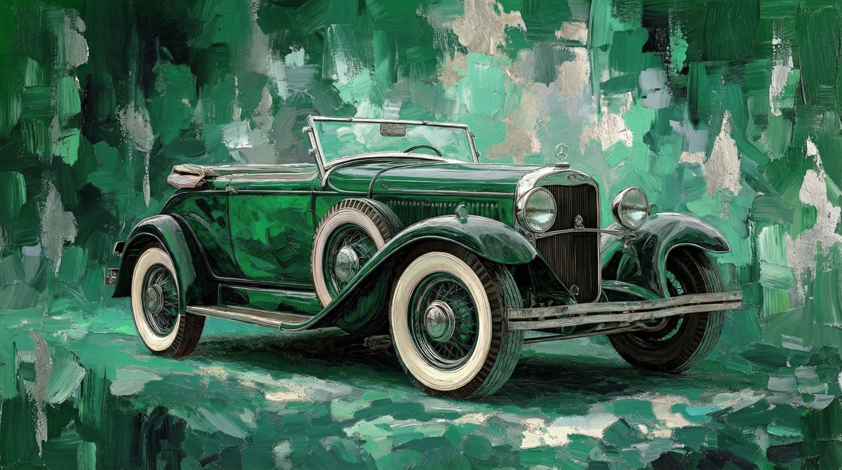 Emerald Green Vintage Convertible Car Oil Painting Mural