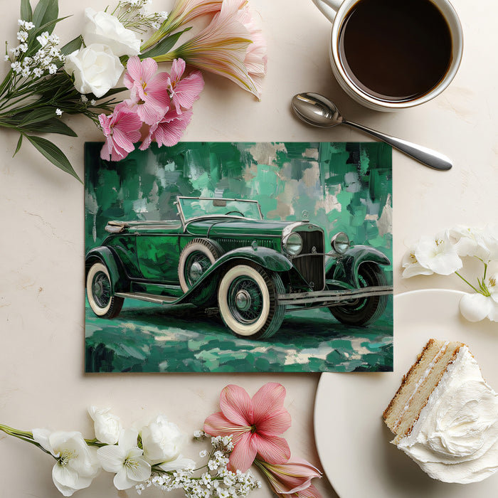 Emerald Green Vintage Convertible Car Oil Painting Mural