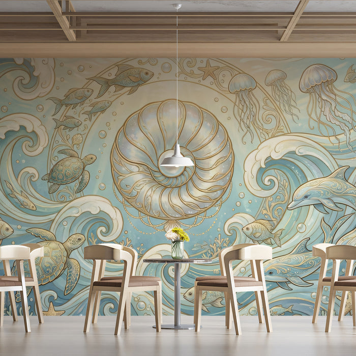 Art Nouveau Pearl & Ocean Life Illustration Mural