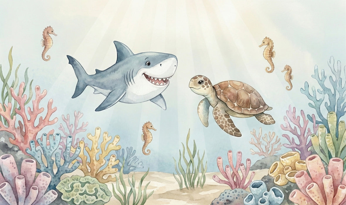 Friendly Shark & Turtle Watercolor Underwater Mural