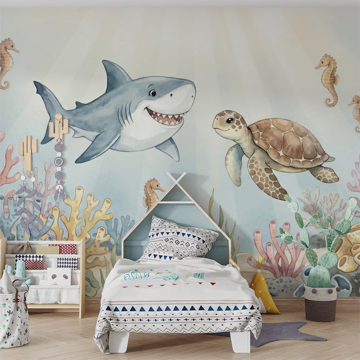 Friendly Shark & Turtle Watercolor Underwater Mural
