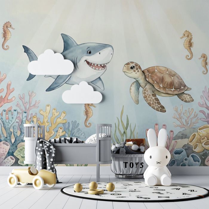 Friendly Shark & Turtle Watercolor Underwater Mural