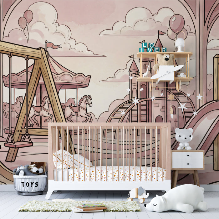 Vintage Pink Sepia Playground Sketch Mural
