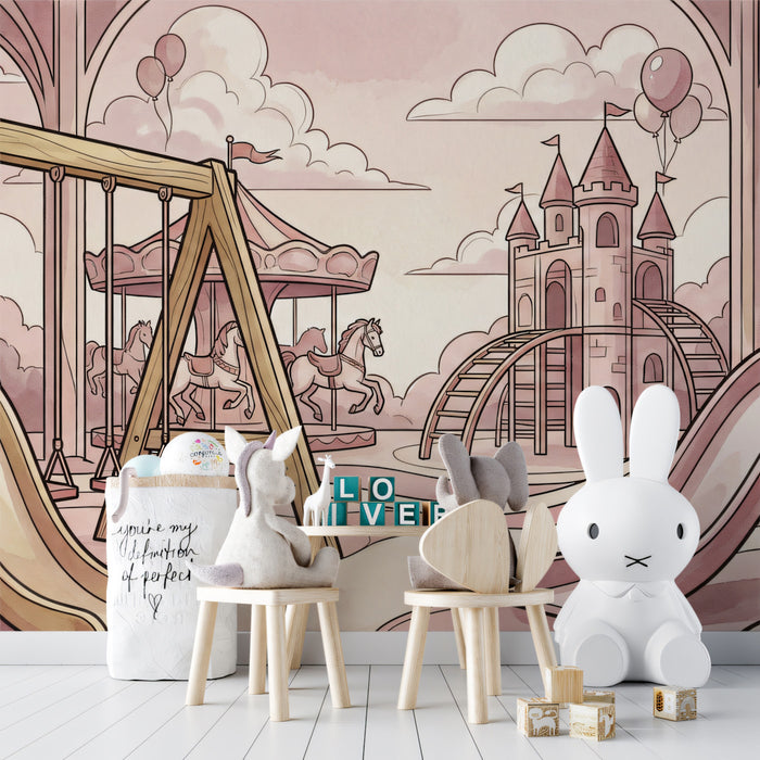 Vintage Pink Sepia Playground Sketch Mural