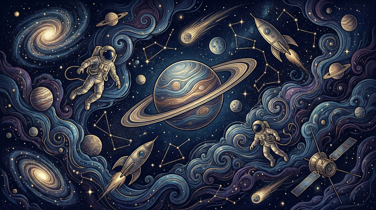 Cosmic Space Exploration Doodle Art Mural