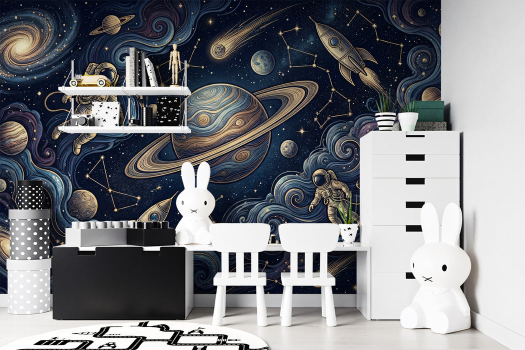Cosmic Space Exploration Doodle Art Mural