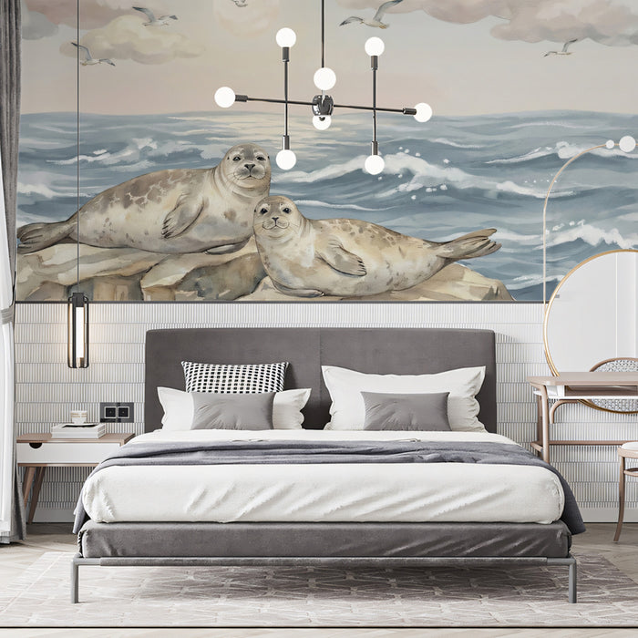 Serene Watercolor Seals & Sunset Coastal Mural